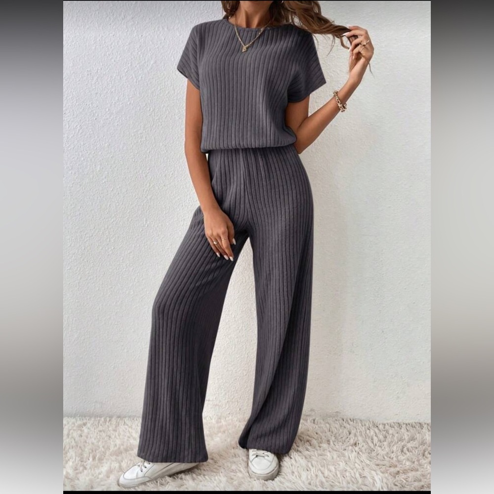 Gray Ribbed Women's Jumpsuit - Picture 1 of 7